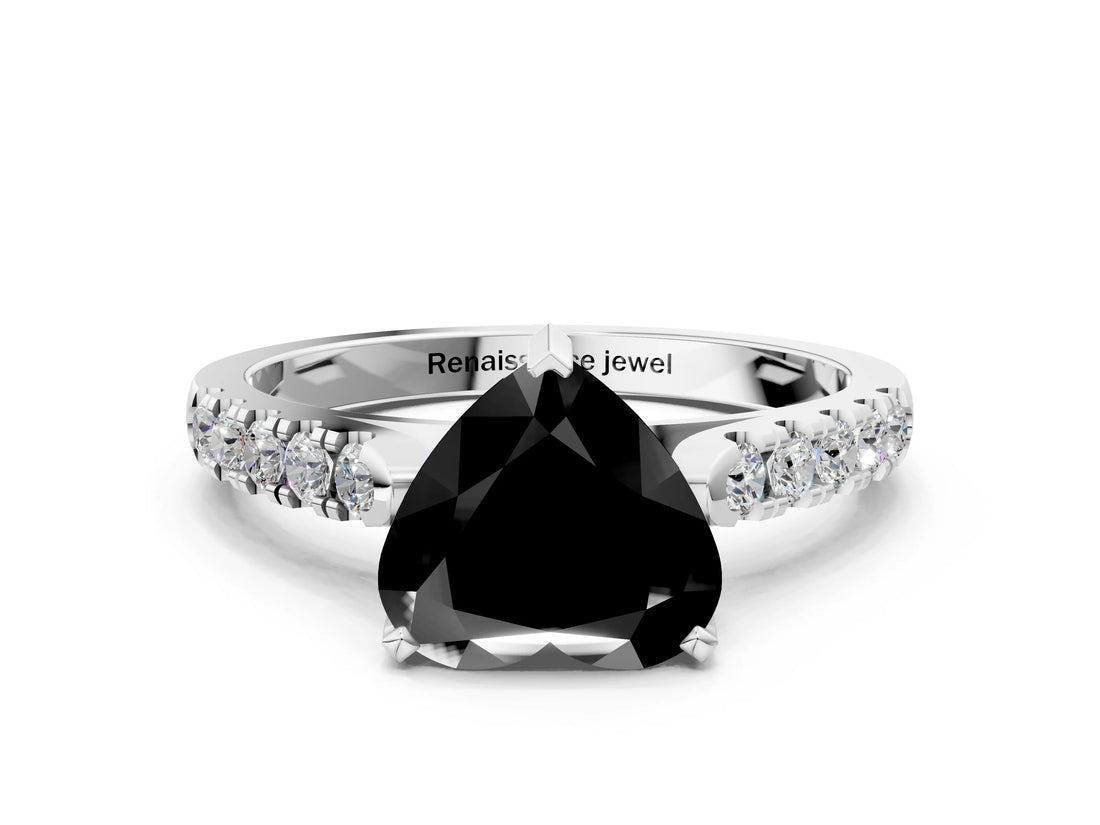 White gold Fancy Black Heart Cut Cut Pavé Band Solitaire Ring with Four-Prong Setting