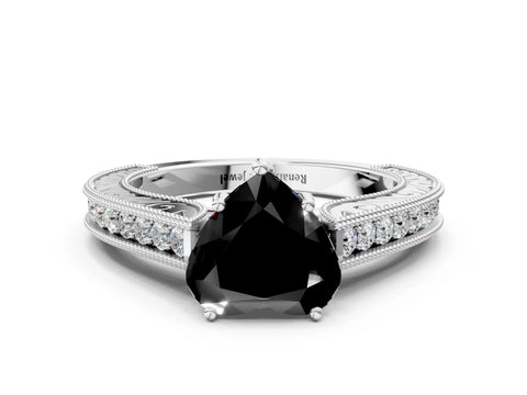 White gold Fancy Black Heart Cut Cut Pave Band Milgrain Solitaire Ring
