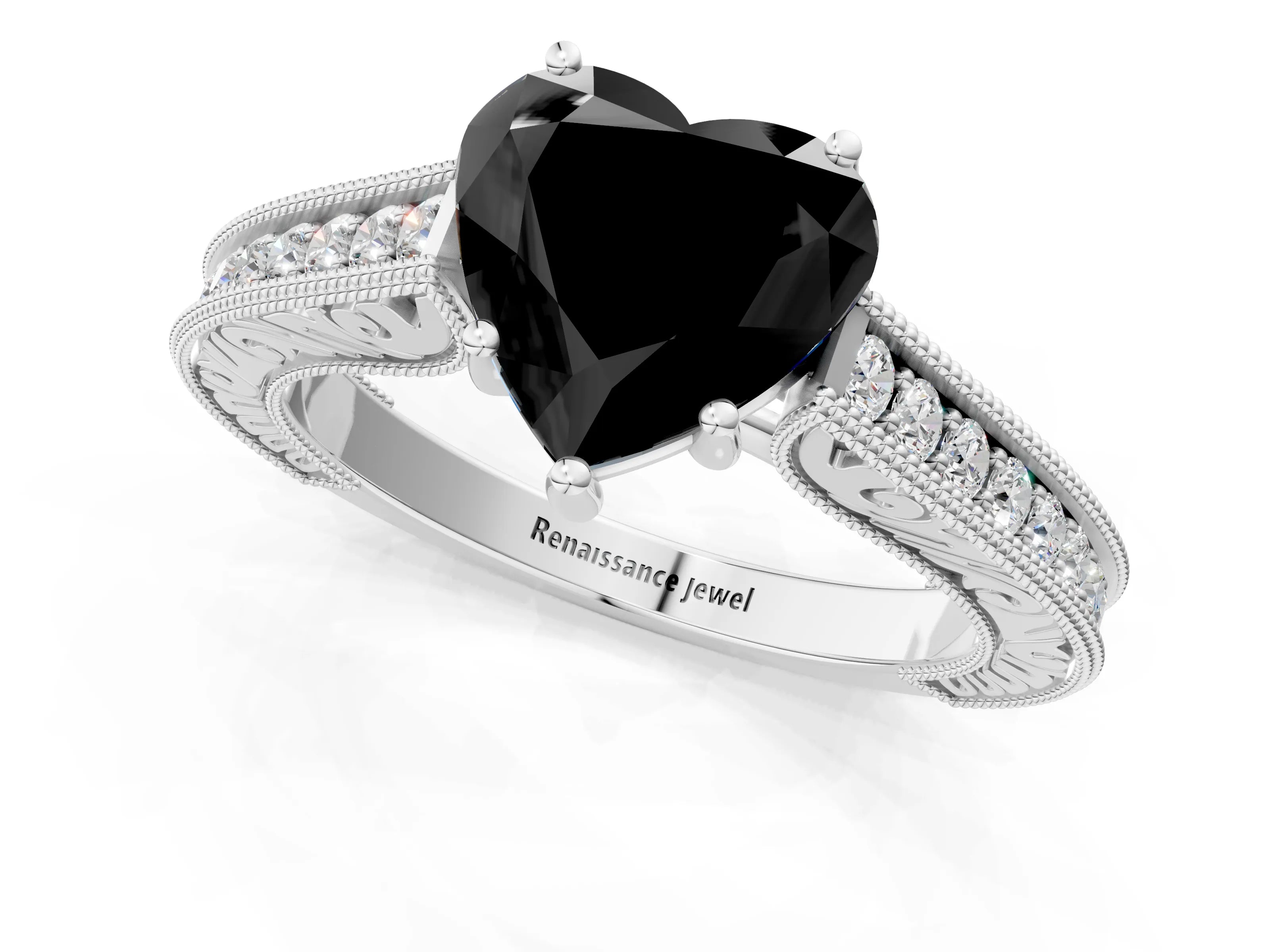 White gold Fancy Black Heart Cut Cut Pave Band Milgrain Solitaire Ring_1