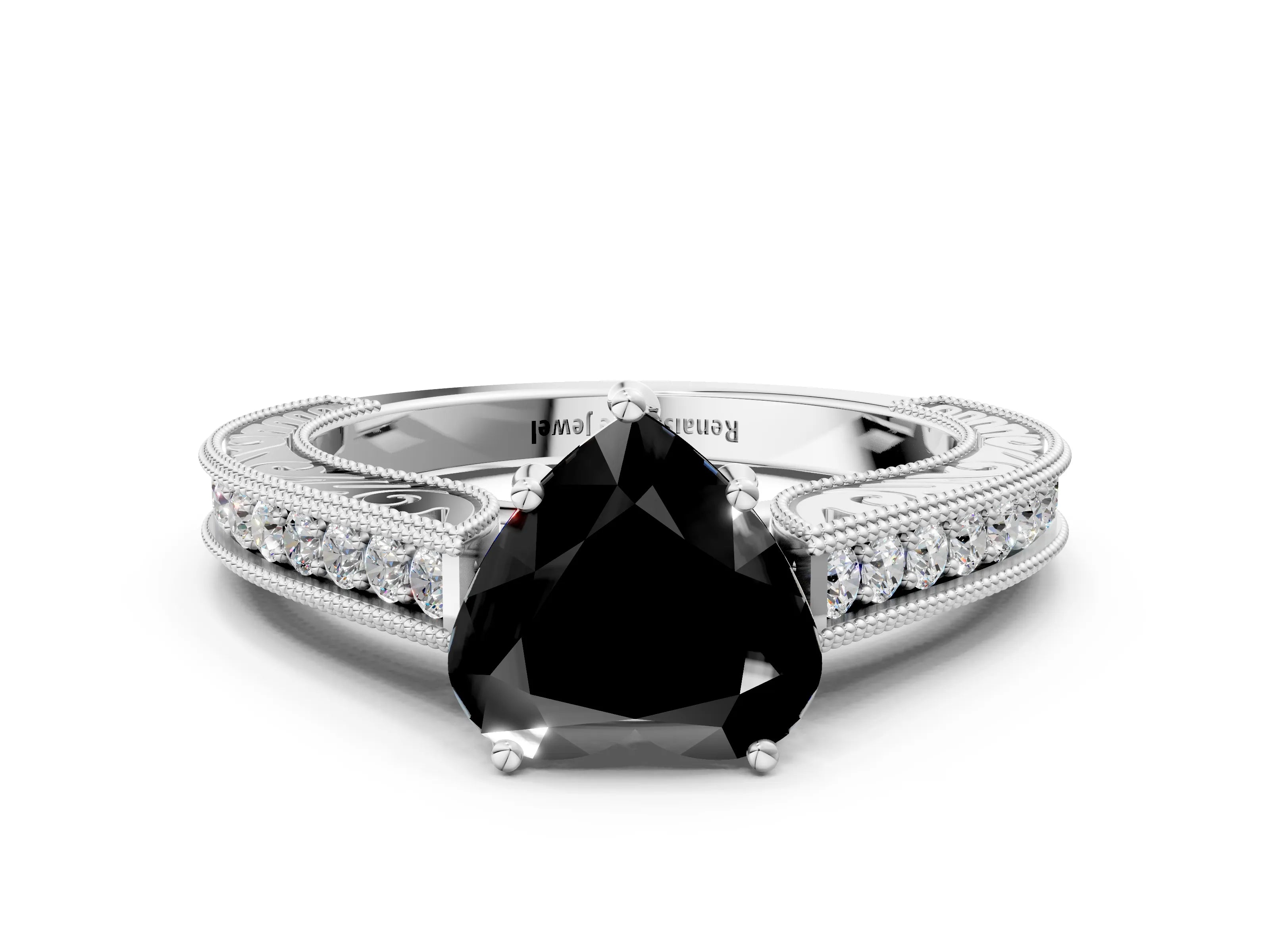 White gold Fancy Black Heart Cut Cut Pave Band Milgrain Solitaire Ring_19