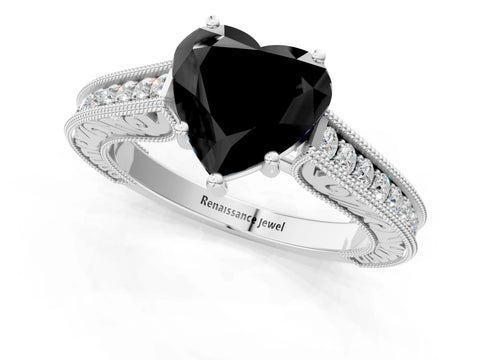 White gold Fancy Black Heart Cut Cut Pave Band Milgrain Solitaire Ring_1