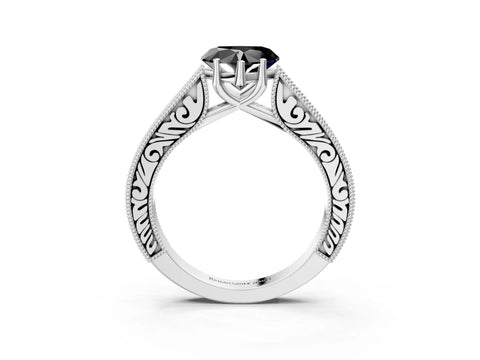 White gold Fancy Black Heart Cut Cut Pave Band Milgrain Solitaire Ring_3