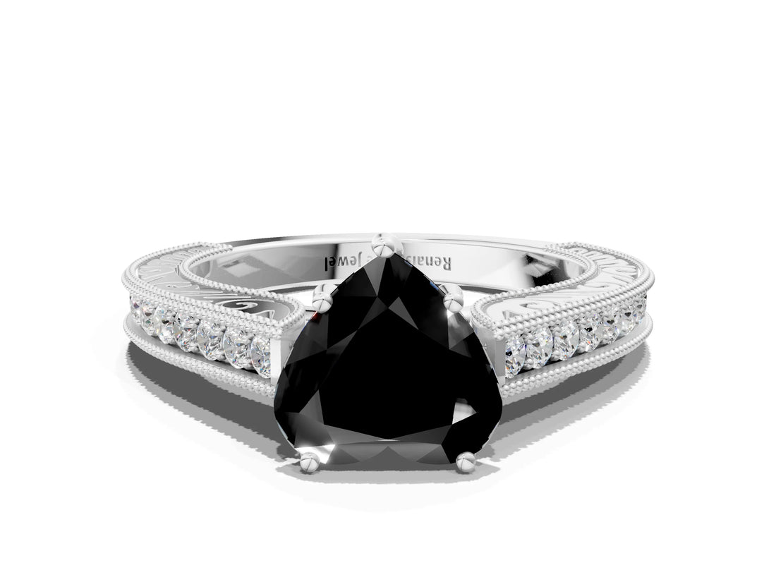 White gold Fancy Black Heart Cut Cut Pave Band Milgrain Solitaire Ring_6