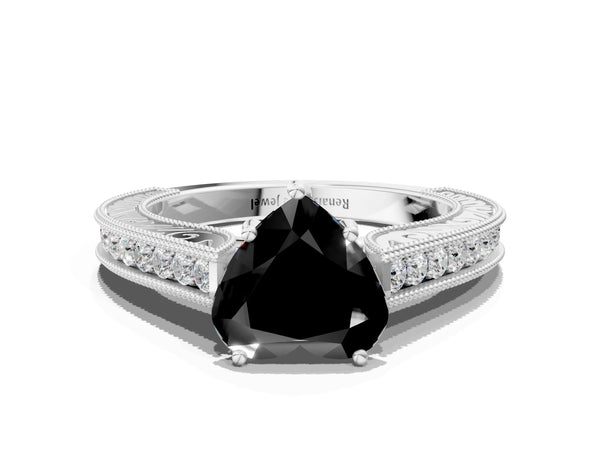 Platinum Heart-Shaped Vintage Pave Engagement Ring Setting for Black Center