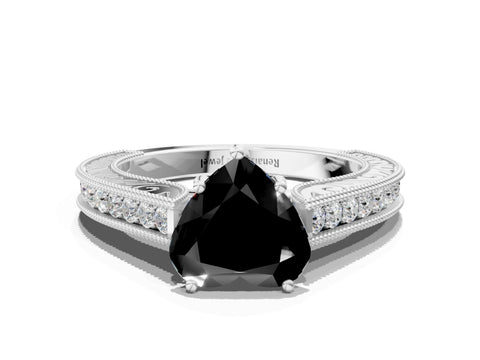 White gold Fancy Black Heart Cut Cut Pave Band Milgrain Solitaire Ring_6