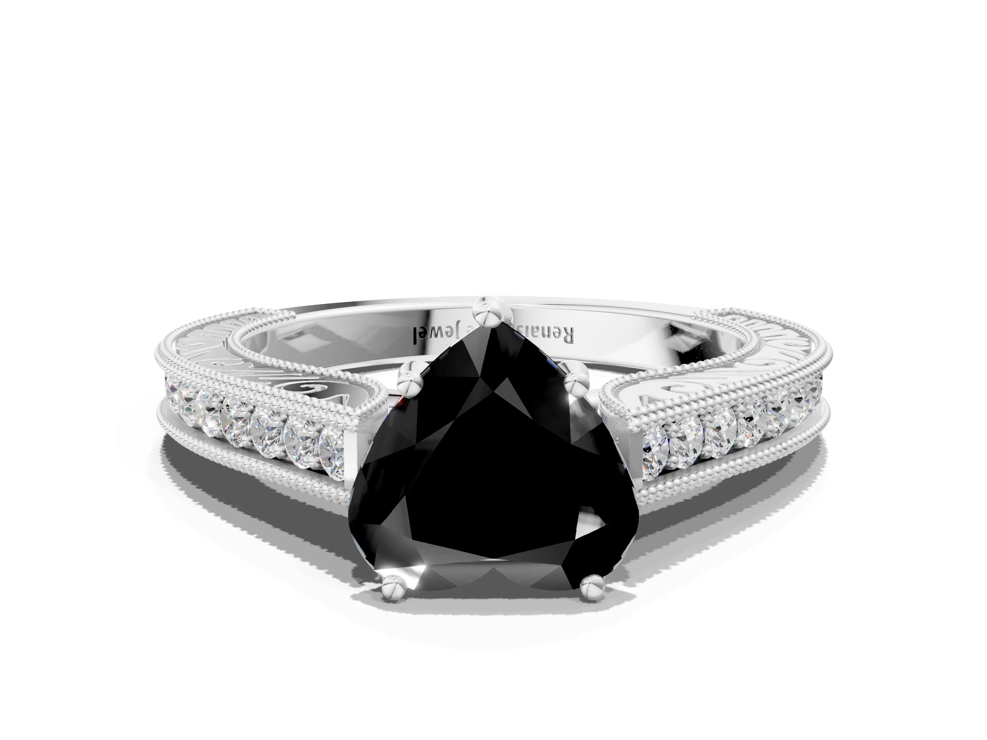 White gold Fancy Black Heart Cut Cut Pave Band Milgrain Solitaire Ring_6