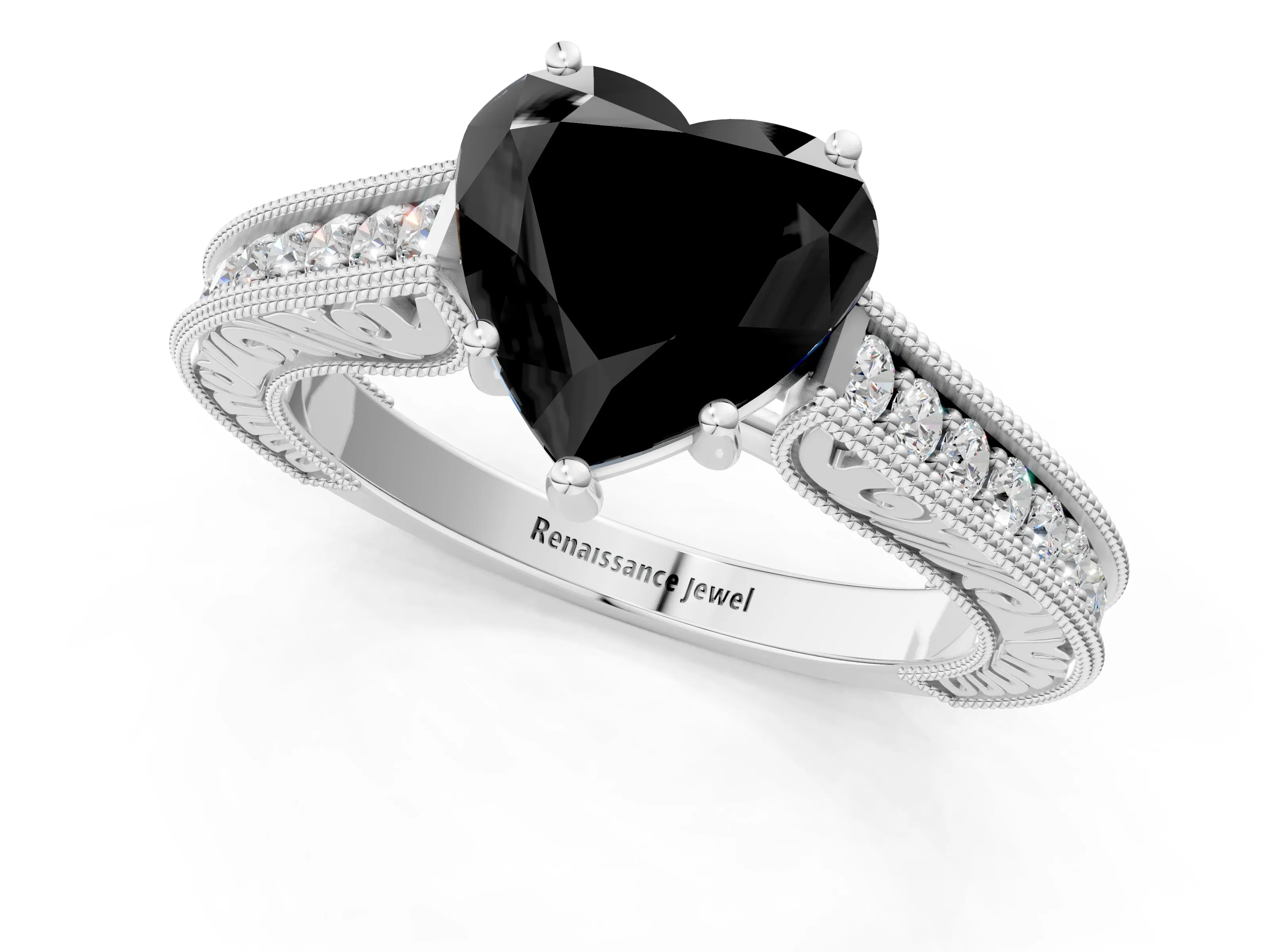 White gold Fancy Black Heart Cut Cut Pave Band Milgrain Solitaire Ring_7