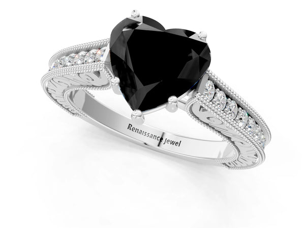 Platinum Heart-Shaped Vintage Pave Engagement Ring Setting for Black Center