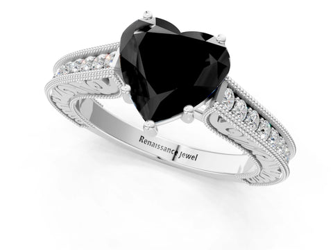 White gold Fancy Black Heart Cut Cut Pave Band Milgrain Solitaire Ring_7
