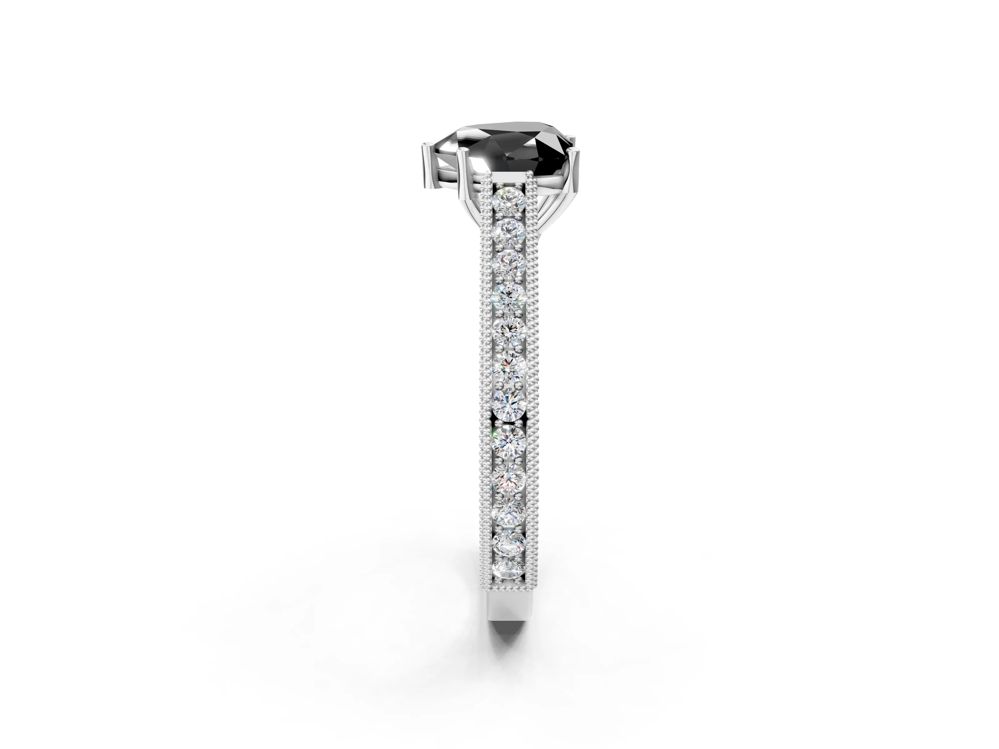 White gold Fancy Black Heart Cut Cut Pave Band Milgrain Solitaire Ring_8