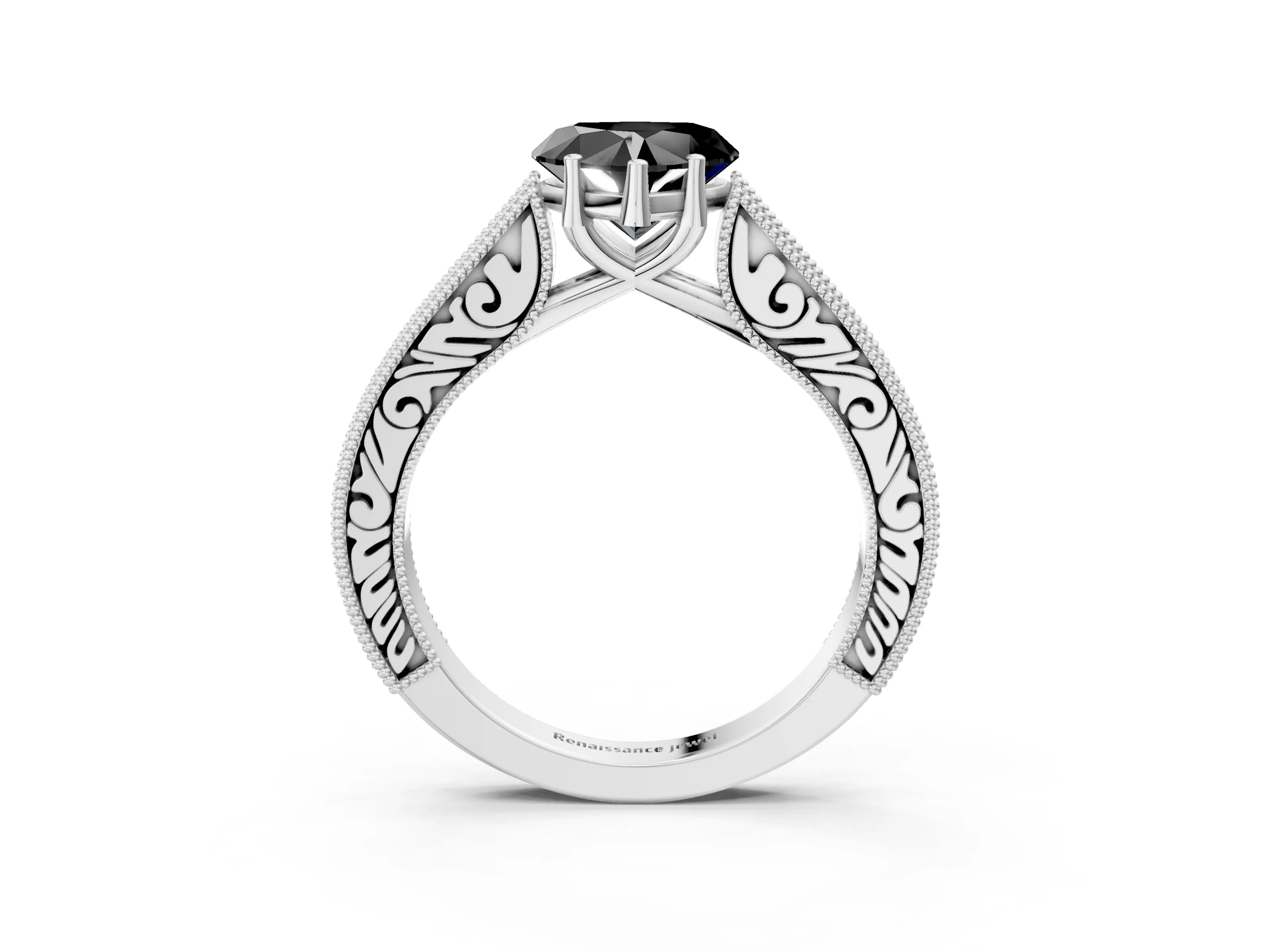 White gold Fancy Black Heart Cut Cut Pave Band Milgrain Solitaire Ring_9