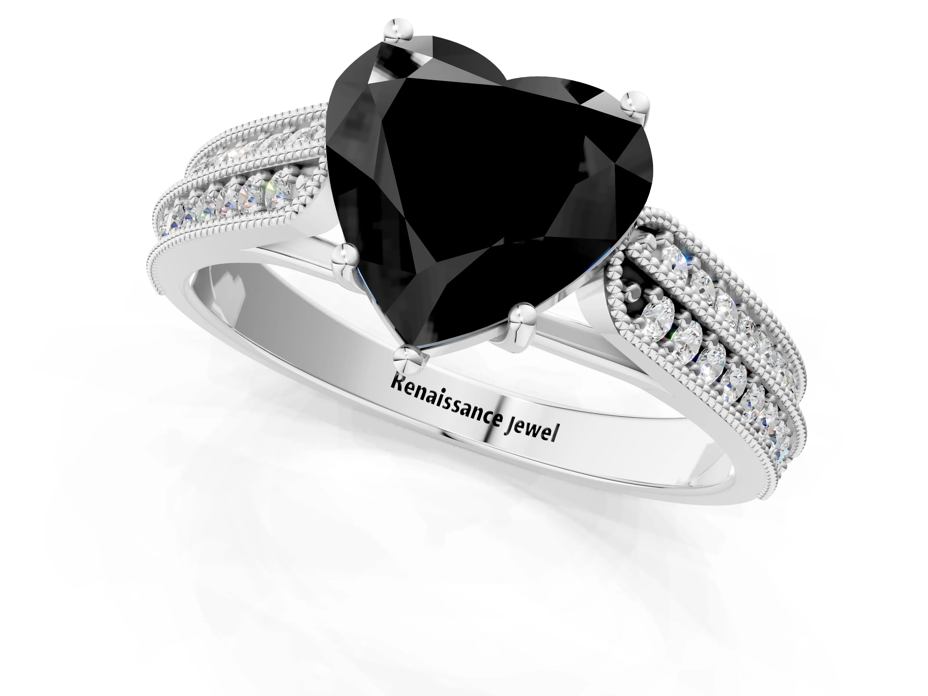 White gold Fancy Black Heart Cut Cut Pave Split Shank Engagement Ring with Four-Prong Setting_13