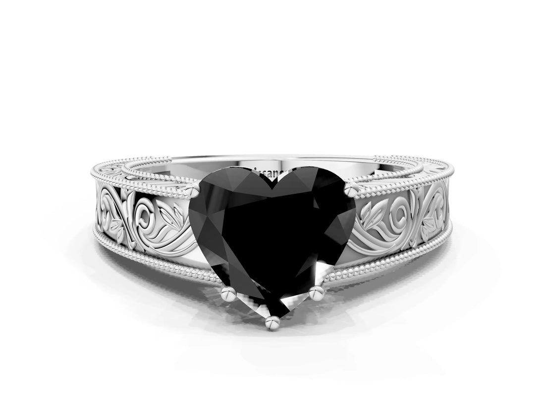 White gold Fancy Black Heart Cut Cut Solitaire Engraved Band with Four-Prong Setting
