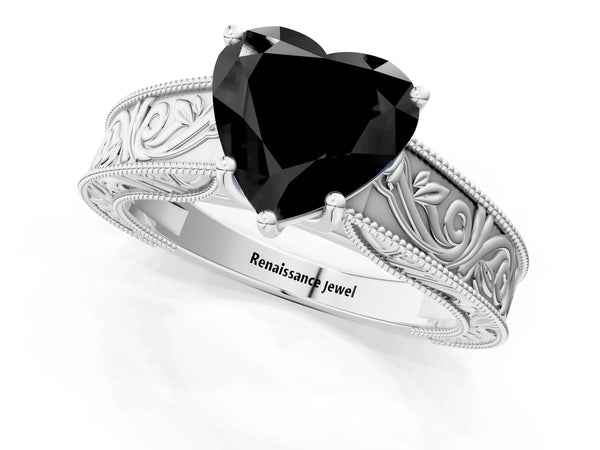 Platinum Heart-Shaped Vintage Engraved Solitaire Engagement Ring Setting for Black Center