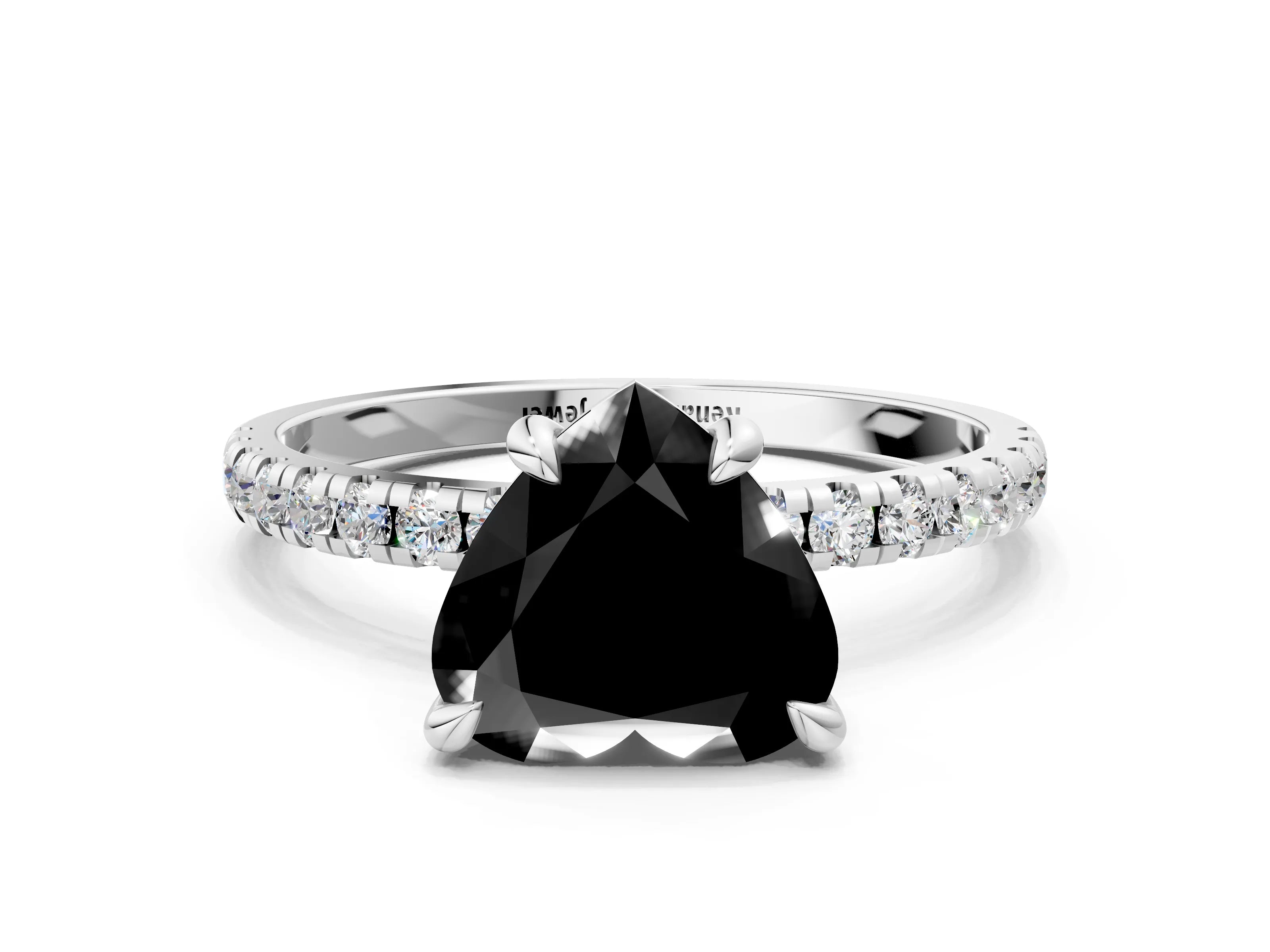 White gold Fancy Black Heart Cut Diamond Brilliant Solitaire Ring with Pavé Band and Four-Prong Setting