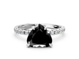 White gold Fancy Black Heart Cut Diamond Brilliant Solitaire Ring with Pavé Band and Four-Prong Setting