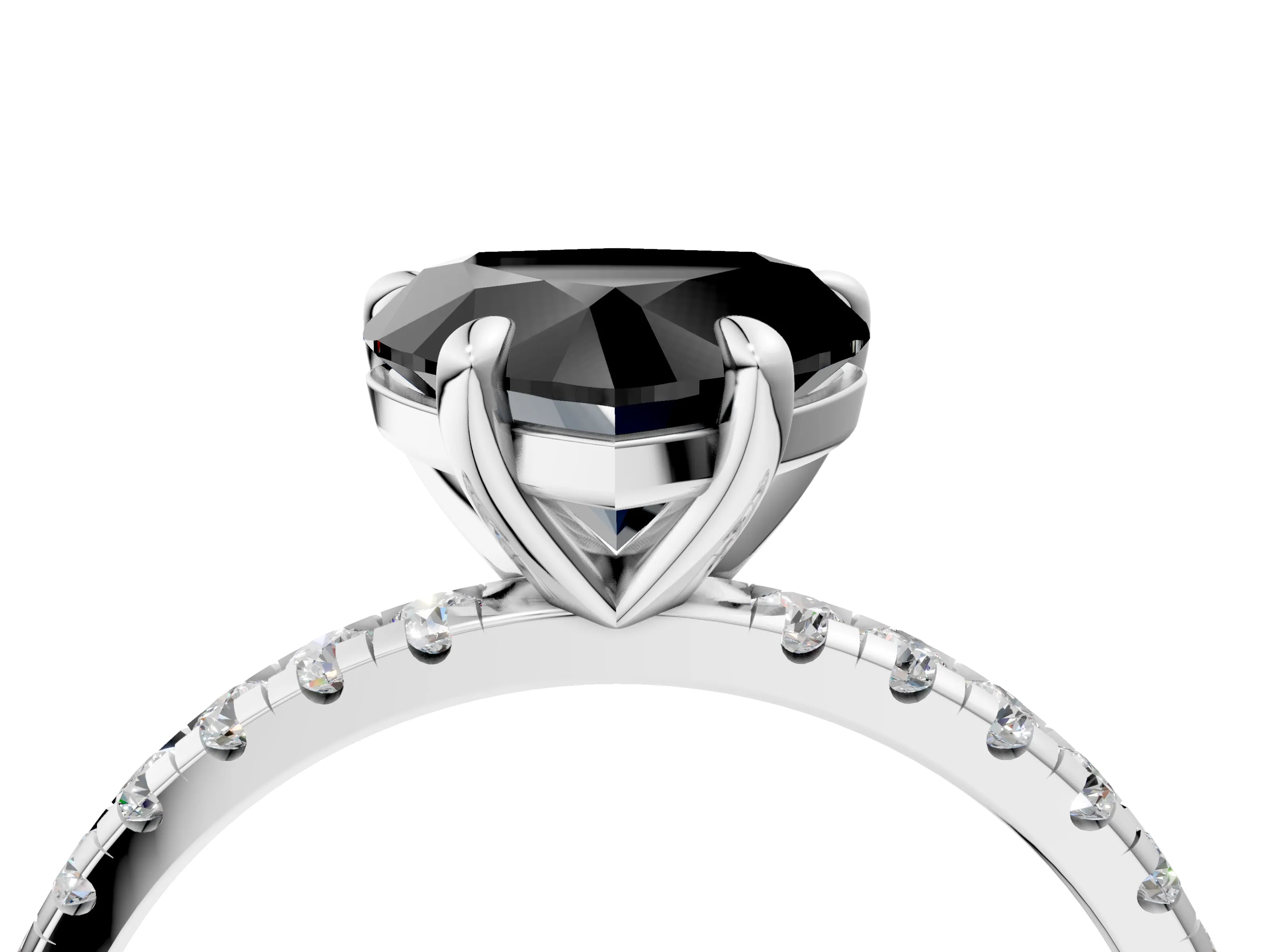White gold Fancy Black Heart Cut Diamond Brilliant Solitaire Ring with Pavé Band and Four-Prong Setting_4