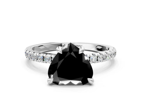 White gold Fancy Black Heart Cut Diamond Brilliant Solitaire Ring with Pavé Band and Four-Prong Setting