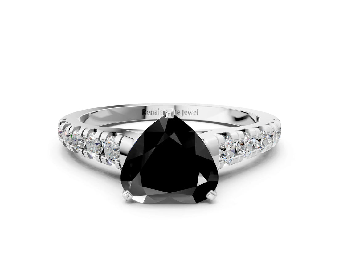 White gold Fancy Black Heart Cut Diamond Cathedral Solitaire Ring with Round  Pavé Band_47
