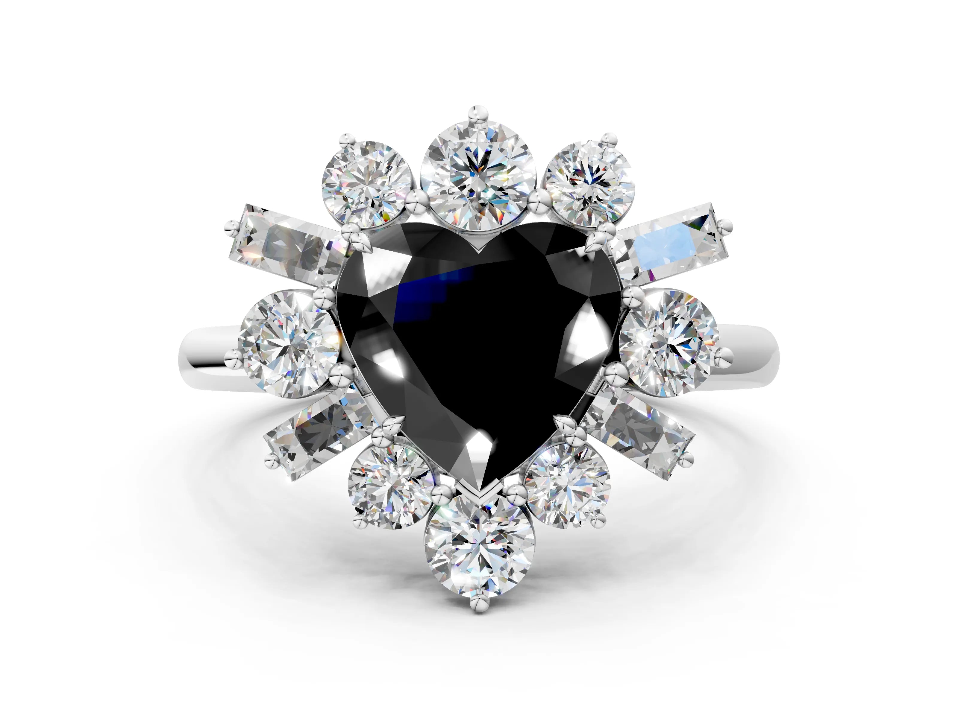 White gold Fancy Black Heart Cut Diamond Cluster Ring with Round and Baguette Stones, Split Shank Band, Prong Setting