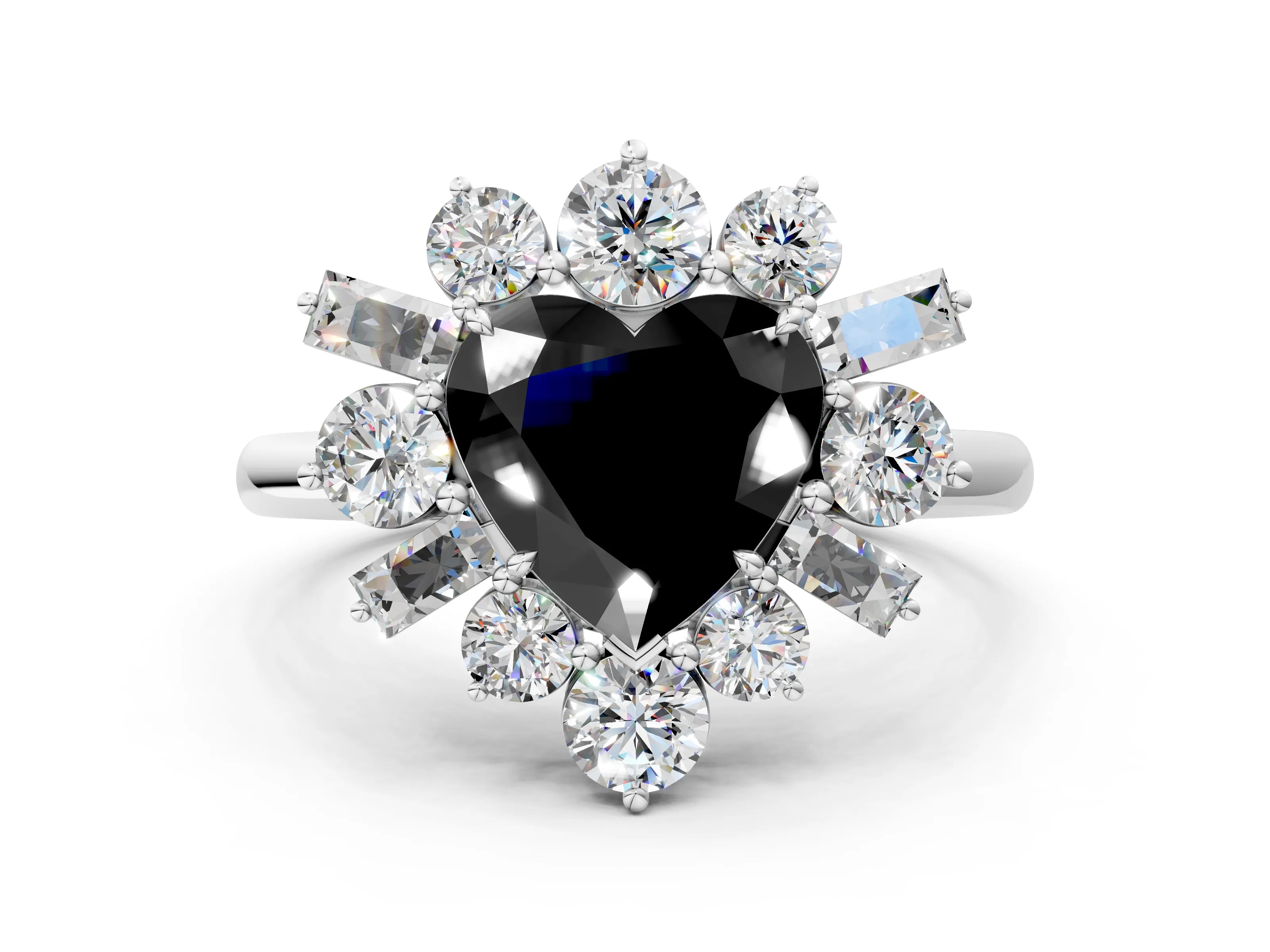 White gold Fancy Black Heart Cut Diamond Cluster Ring with Round and Baguette Stones, Split Shank Band, Prong Setting_12