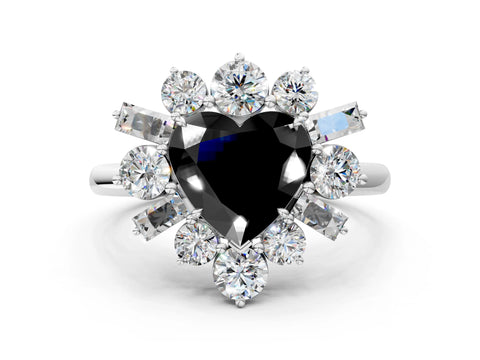 White gold Fancy Black Heart Cut Diamond Cluster Ring with Round and Baguette Stones, Split Shank Band, Prong Setting_12