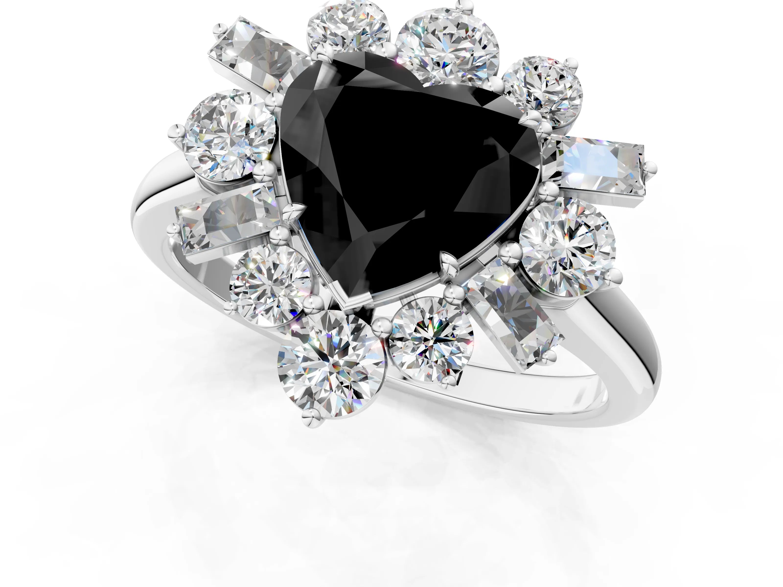 White gold Fancy Black Heart Cut Diamond Cluster Ring with Round and Baguette Stones, Split Shank Band, Prong Setting_13