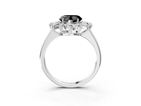 White gold Fancy Black Heart Cut Diamond Cluster Ring with Round and Baguette Stones, Split Shank Band, Prong Setting_15