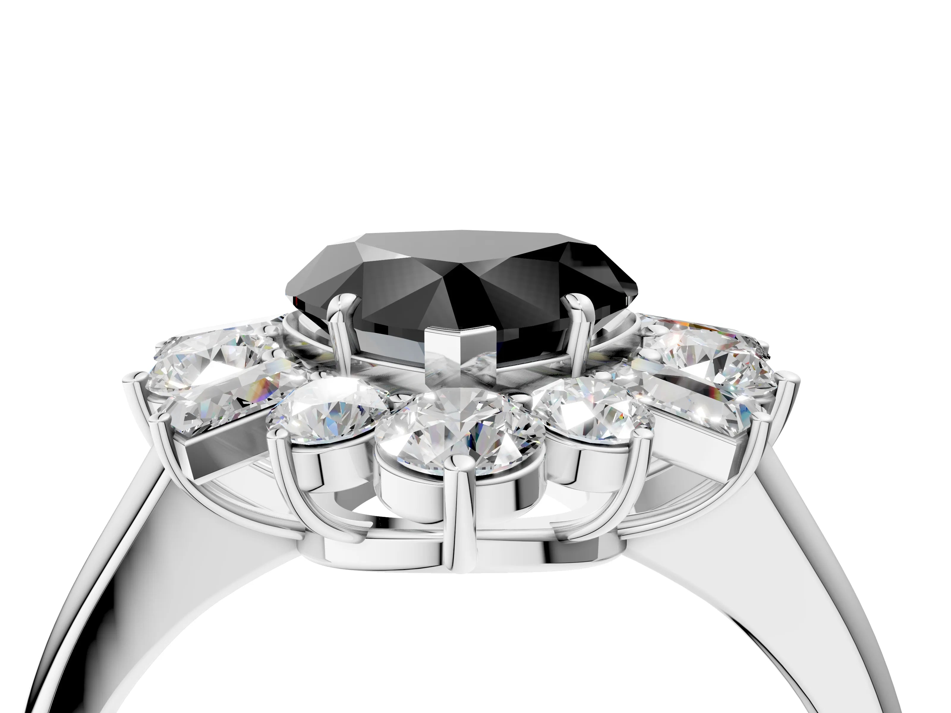 White gold Fancy Black Heart Cut Diamond Cluster Ring with Round and Baguette Stones, Split Shank Band, Prong Setting_16