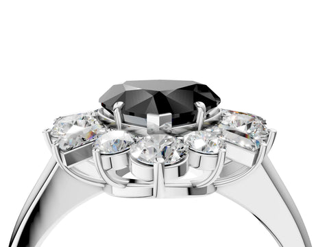 White gold Fancy Black Heart Cut Diamond Cluster Ring with Round and Baguette Stones, Split Shank Band, Prong Setting_16