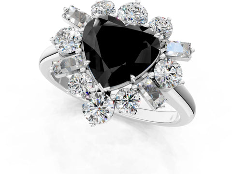 White gold Fancy Black Heart Cut Diamond Cluster Ring with Round and Baguette Stones, Split Shank Band, Prong Setting_1