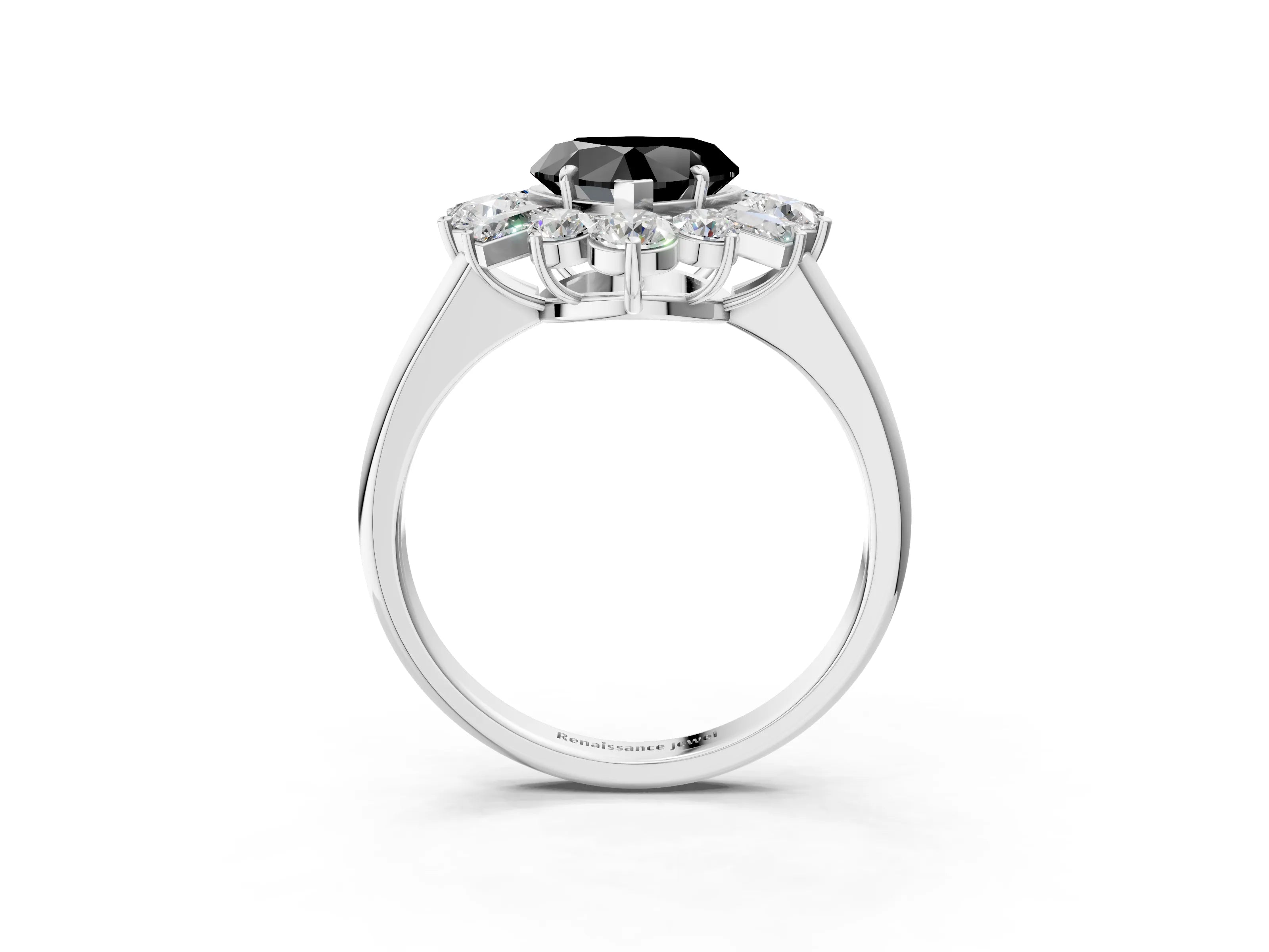 White gold Fancy Black Heart Cut Diamond Cluster Ring with Round and Baguette Stones, Split Shank Band, Prong Setting_3