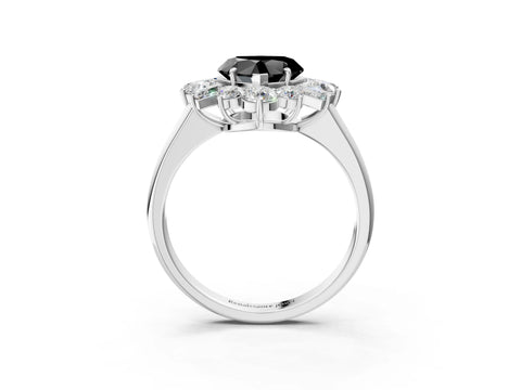 White gold Fancy Black Heart Cut Diamond Cluster Ring with Round and Baguette Stones, Split Shank Band, Prong Setting_3