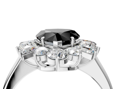 White gold Fancy Black Heart Cut Diamond Cluster Ring with Round and Baguette Stones, Split Shank Band, Prong Setting_4