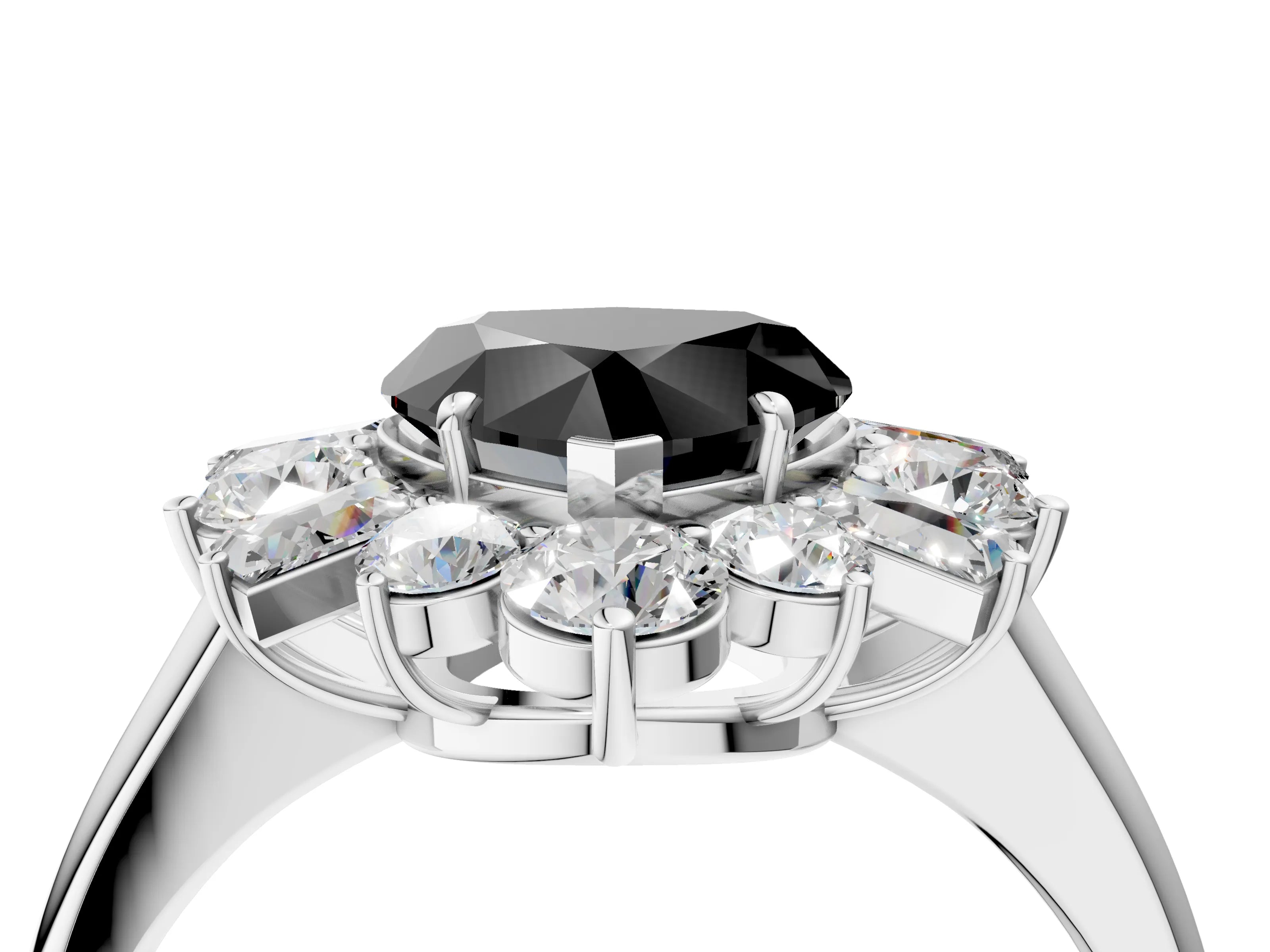 White gold Fancy Black Heart Cut Diamond Cluster Ring with Round and Baguette Stones, Split Shank Band, Prong Setting_4