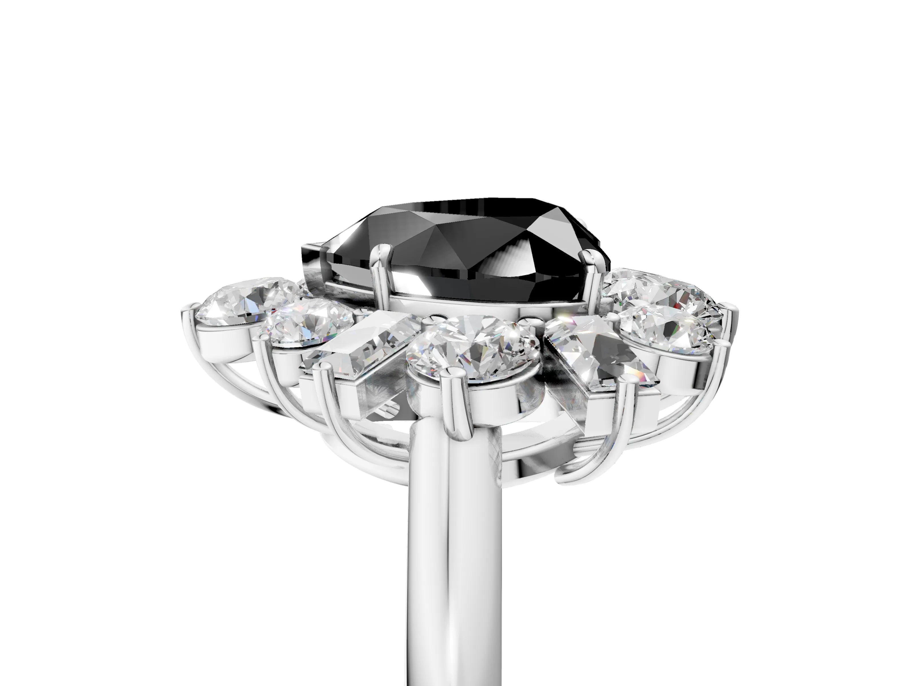 White gold Fancy Black Heart Cut Diamond Cluster Ring with Round and Baguette Stones, Split Shank Band, Prong Setting_5