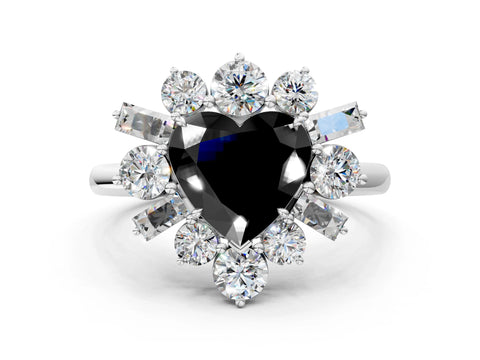 White gold Fancy Black Heart Cut Diamond Cluster Ring with Round and Baguette Stones, Split Shank Band, Prong Setting