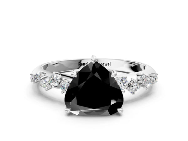 Platinum Heart-Shaped Graduated Cluster Engagement Ring Setting for Black Center