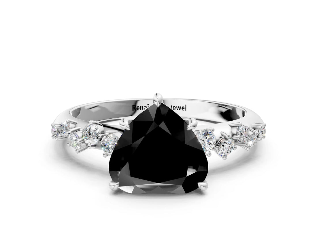 White gold Fancy Black Heart Cut Diamond Cluster Side Stone Solitaire Ring with Prong Setting_48