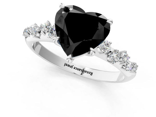 Platinum Heart-Shaped Graduated Cluster Engagement Ring Setting for Black Center