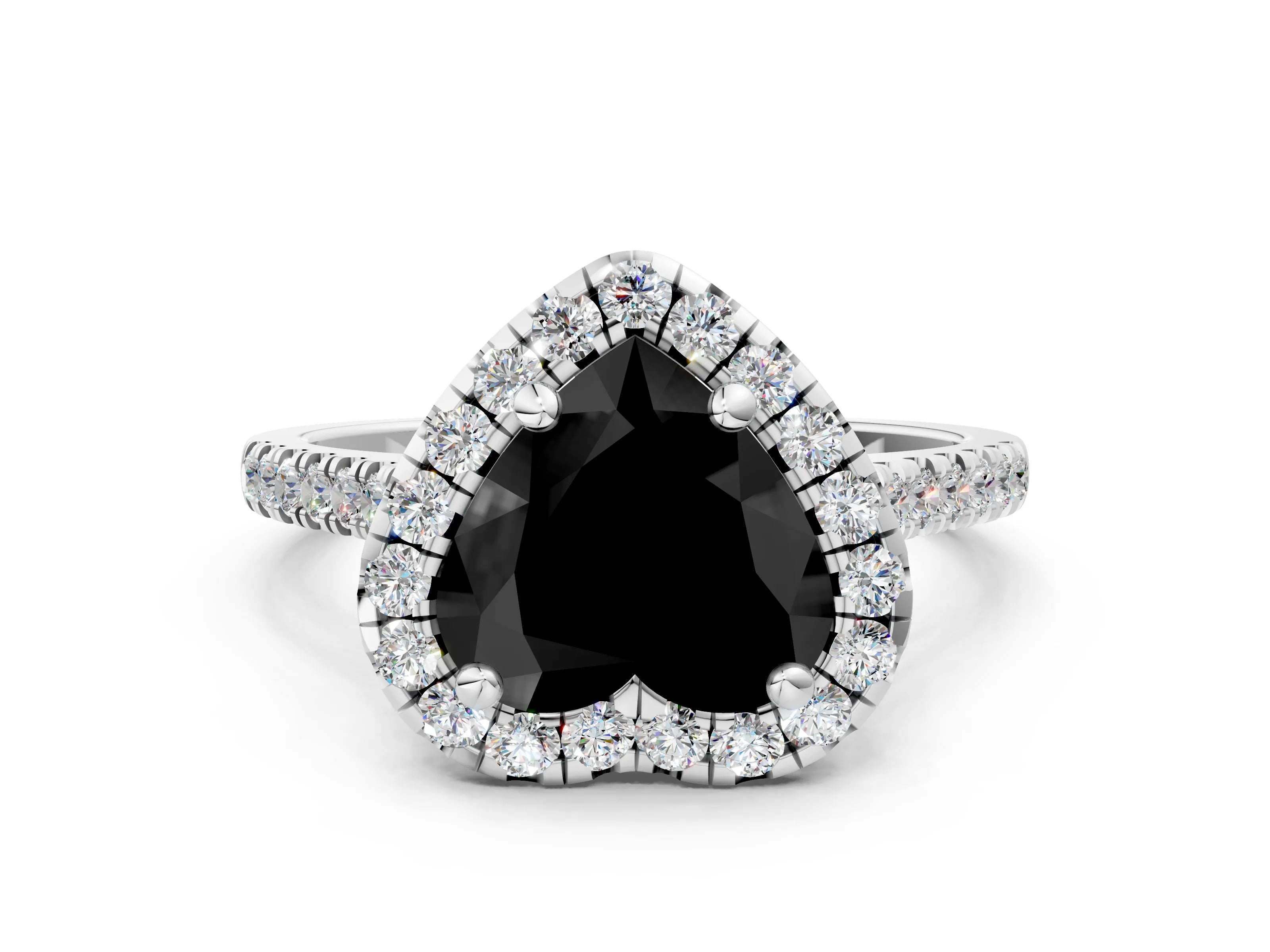 White gold Fancy Black Heart Cut Diamond Cushion Halo Ring with Pavé Band
