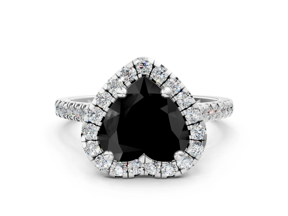 White gold Fancy Black Heart Cut Diamond Cushion Halo Ring with Pavé Band_12