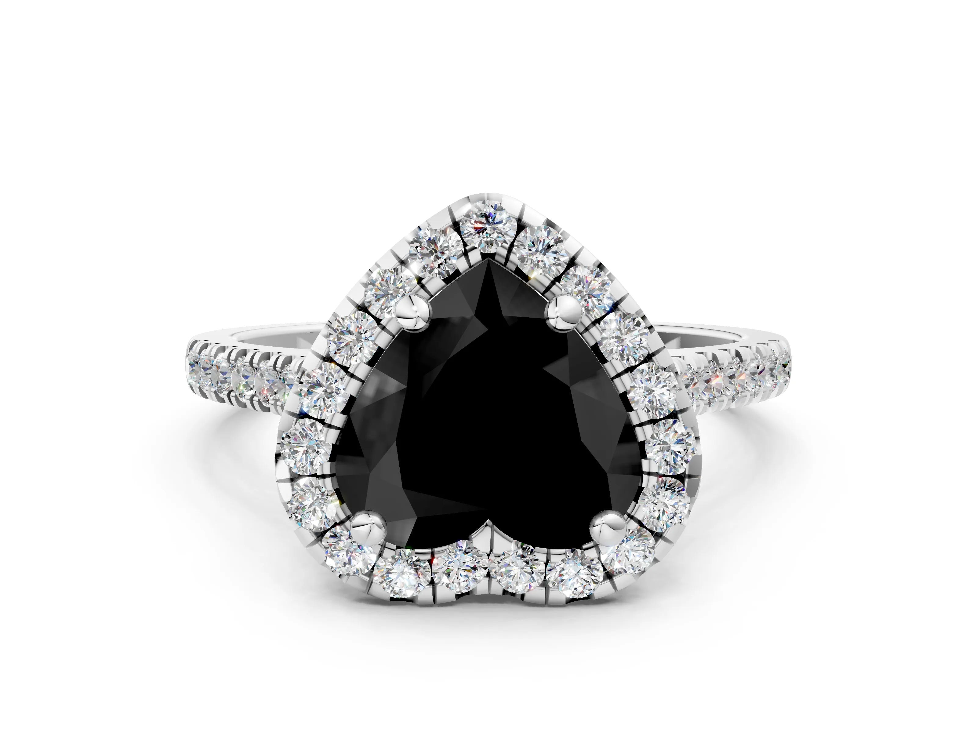 White gold Fancy Black Heart Cut Diamond Cushion Halo Ring with Pavé Band_12