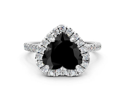White gold Fancy Black Heart Cut Diamond Cushion Halo Ring with Pavé Band_12
