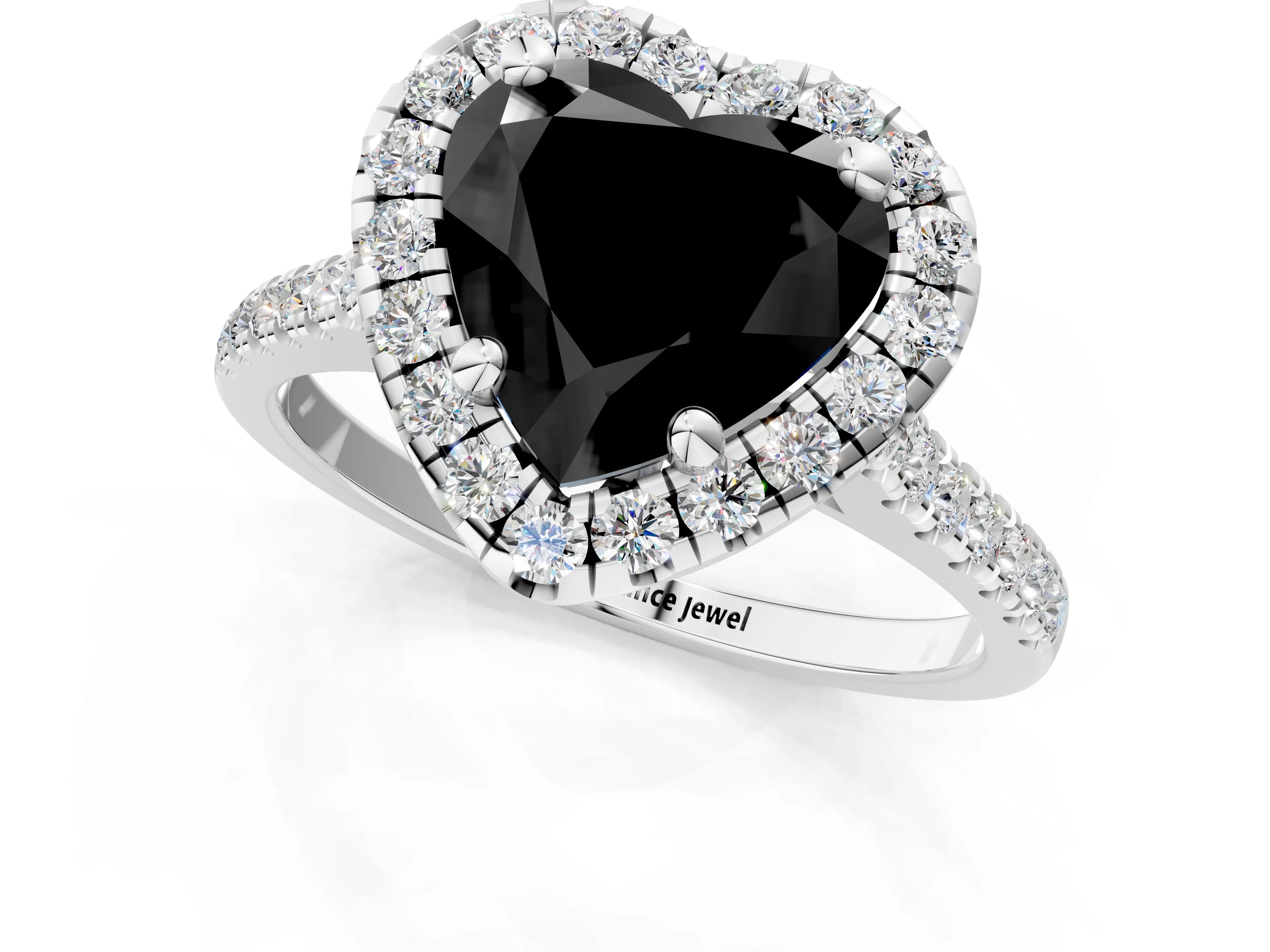 White gold Fancy Black Heart Cut Diamond Cushion Halo Ring with Pavé Band_13