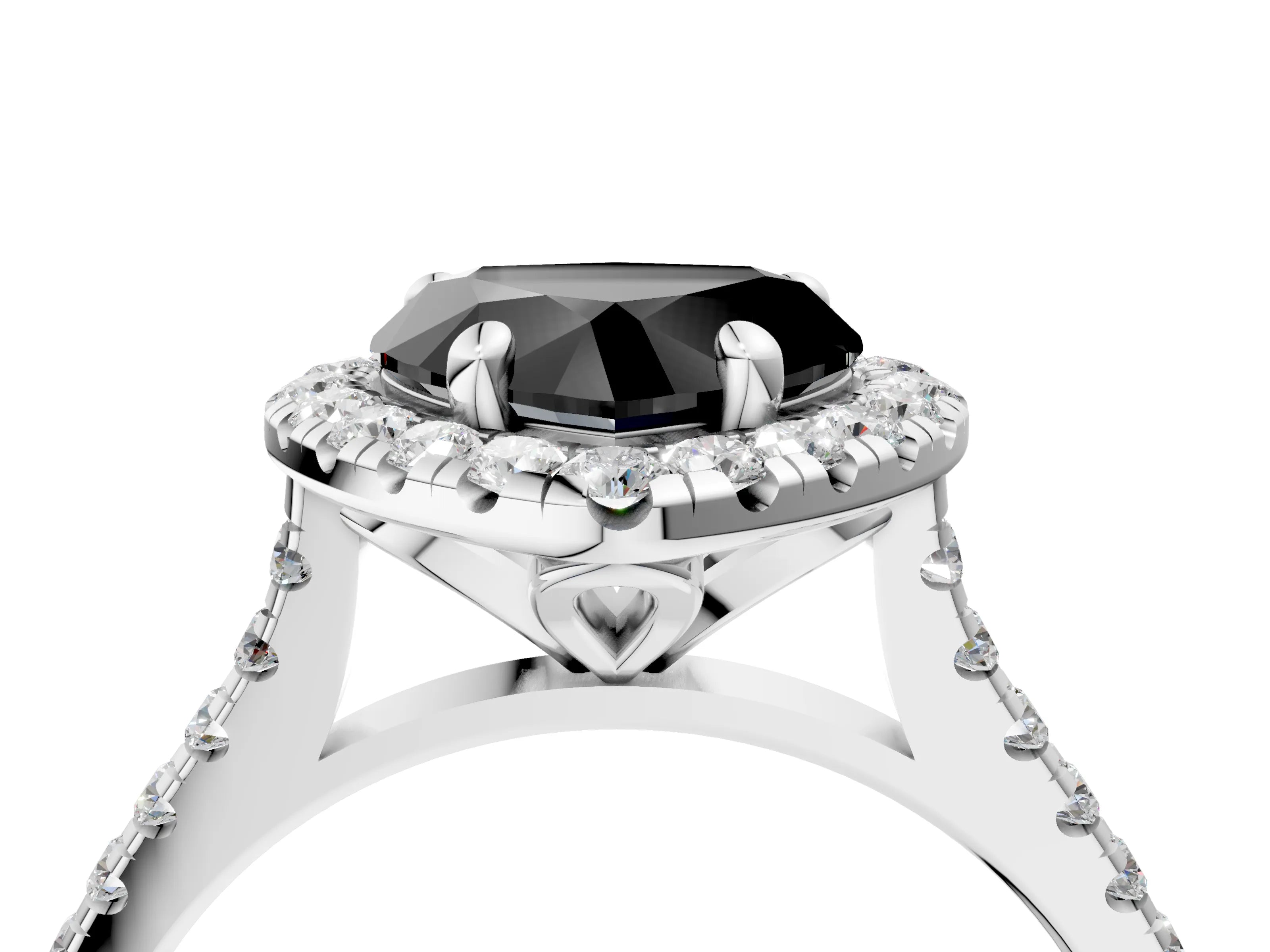 White gold Fancy Black Heart Cut Diamond Cushion Halo Ring with Pavé Band_16