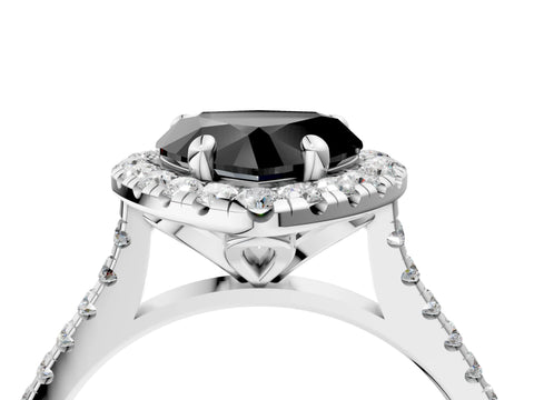 White gold Fancy Black Heart Cut Diamond Cushion Halo Ring with Pavé Band_16