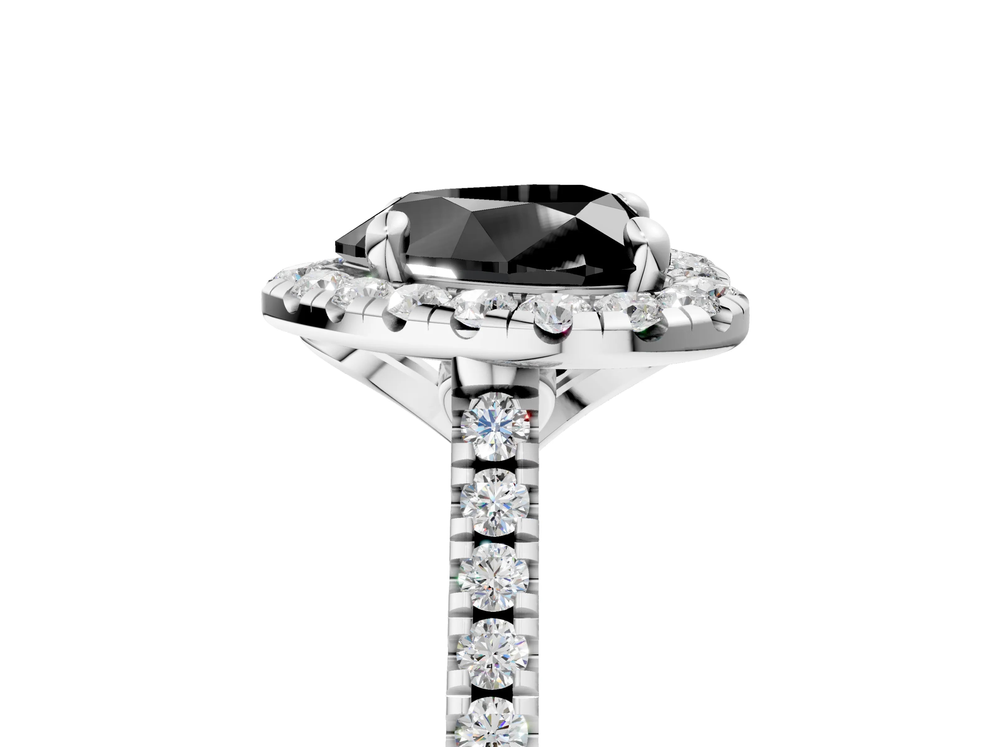 White gold Fancy Black Heart Cut Diamond Cushion Halo Ring with Pavé Band_17