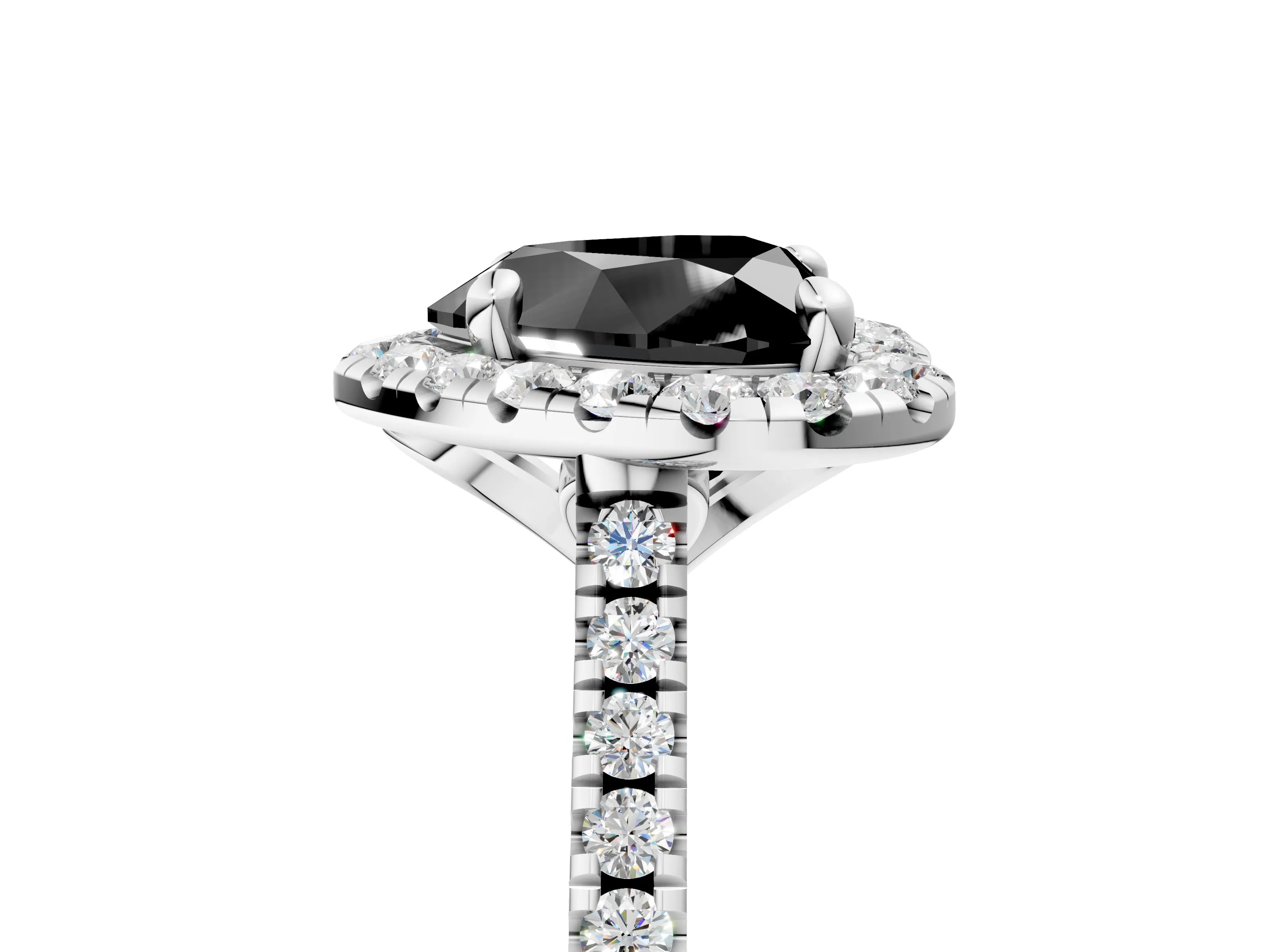 White gold Fancy Black Heart Cut Diamond Cushion Halo Ring with Pavé Band_5