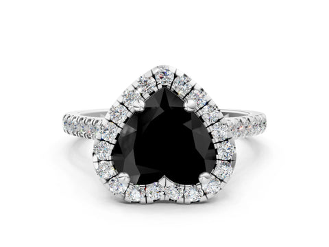 White gold Fancy Black Heart Cut Diamond Cushion Halo Ring with Pavé Band